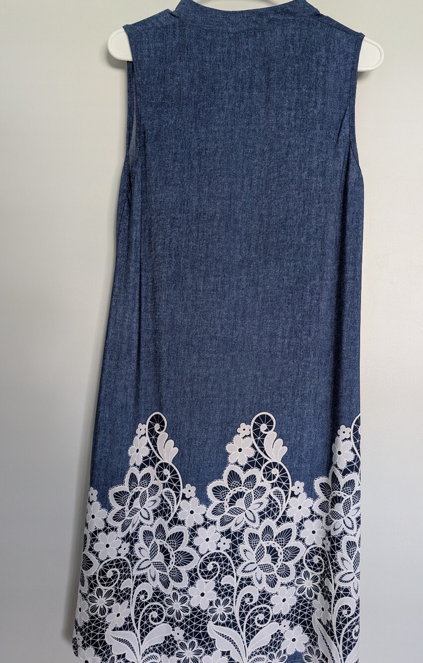 SJS Light Blue Denim casual day dress with white lace detailing. - Picture 2 of 5